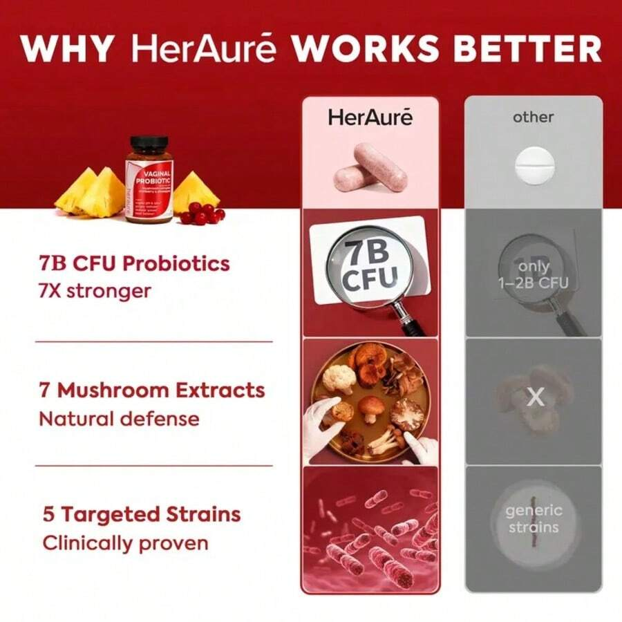 Why HerAuré Works Better - 7B CFU, 7 Mushroom Extracts, 5 Targeted Strains comparison